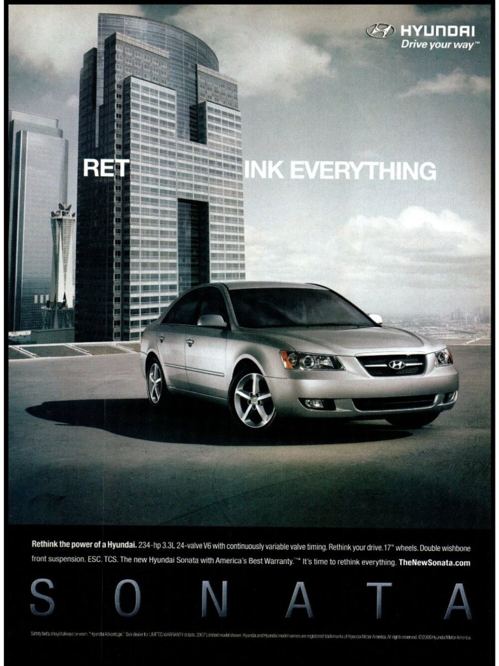 2006 Hyundai Sonata Sedan Vintage Print Ad City Skyline Office Building Wall Art